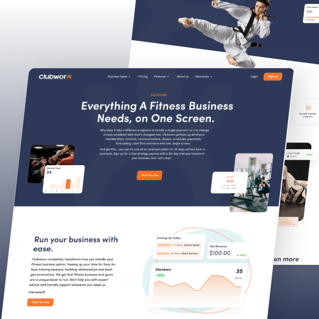 AI Startups 22 A webpage screenshot features two overlapping sections. The main section displays text about fitness business solutions, graphs, and a Watch the Demo button. A martial artist in a kick pose graces the top section, highlighting unlimited graphic design services. Logos and a signup button complete the scene.