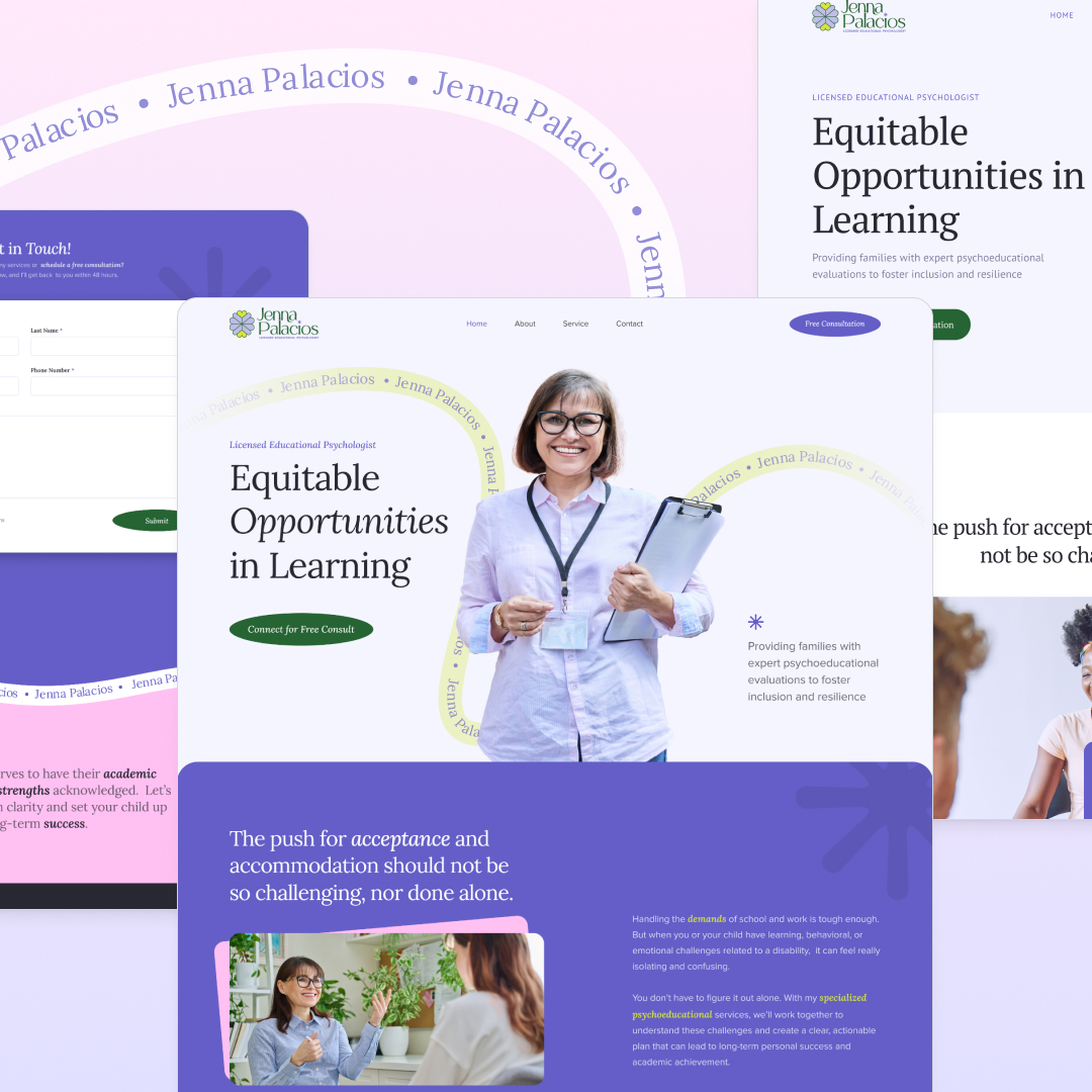 AI Startups 19 A website mockup with a header reading Equitable Opportunities in Learning features a smiling woman holding a clipboard. The design includes circular name patterns and sections highlighting unlimited graphic design options, contact details, and consultation services.