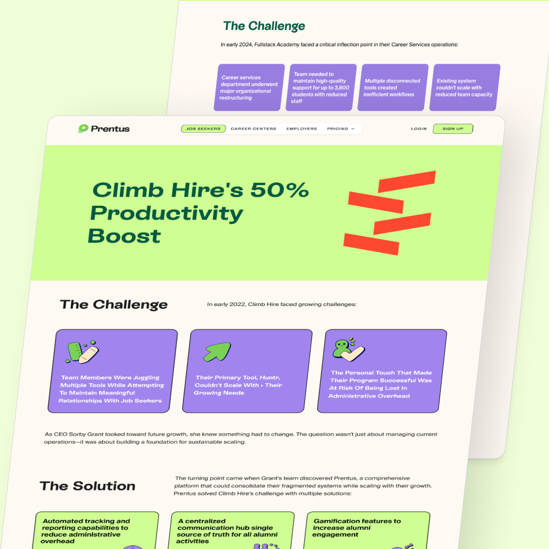 AI Startups 21 Two web page snapshots highlight Climb Hires productivity boost. The page outlines challenges and solutions, emphasizing a 50% productivity increase. With a design subscription featuring green and purple colors, it showcases bold headers and brief, clear sections.