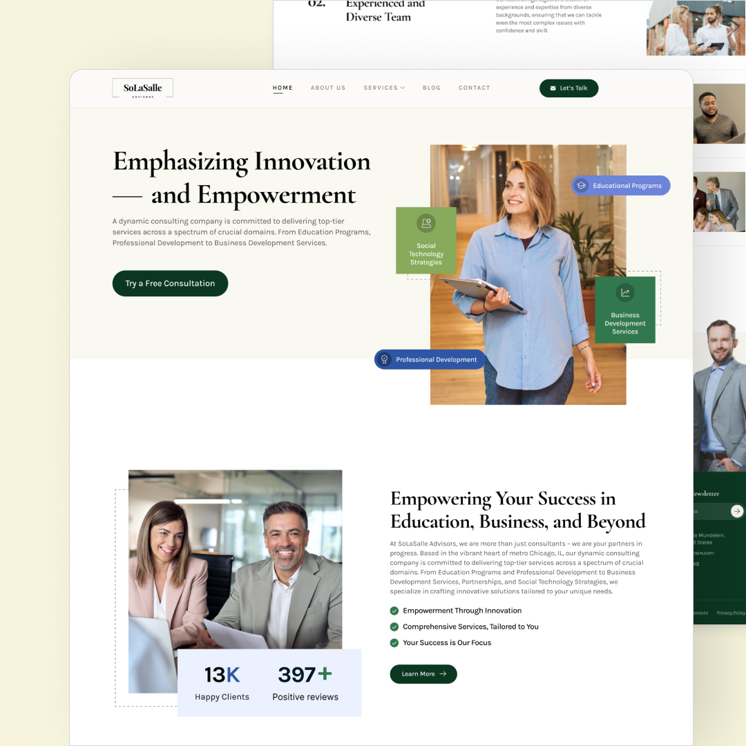 AI Startups 23 The screenshot of a consulting agencys website showcases a sleek design with the agencys logo and navigation menu. The main section, emphasizing innovation and empowerment, features a smiling individual. Impressive stats like 13K Happy Clients underscore their success in unlimited graphic design solutions.