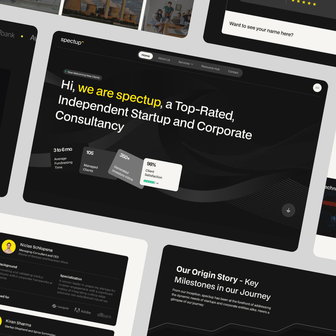 AI Startups 11 A digital collage showcases a websites dark-themed homepage, highlighting a consultancys top-rated services and unlimited graphic design options. Featuring metrics like 98% client satisfaction, it includes sections on team members and company milestones.