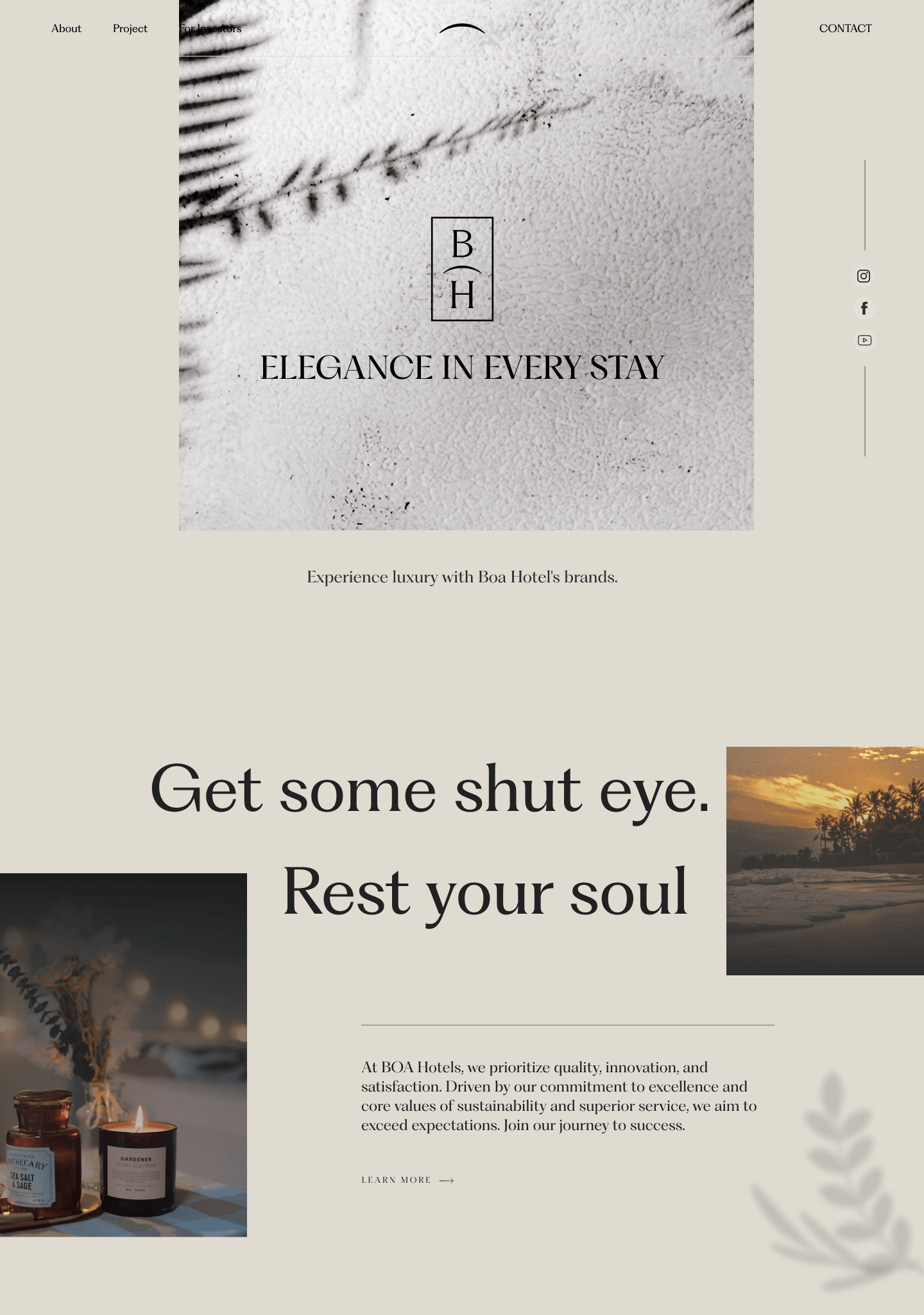Website Design 2 Minimalist hotel advertisement with a monochrome branch, a logo, and the phrase Elegance in every stay. Text reads: Get some shut-eye. Rest your soul. Images of candles and a scenic waterfront featured. Discover how our design subscription sets the scene. Sections for About, Project, and Contact are visible.