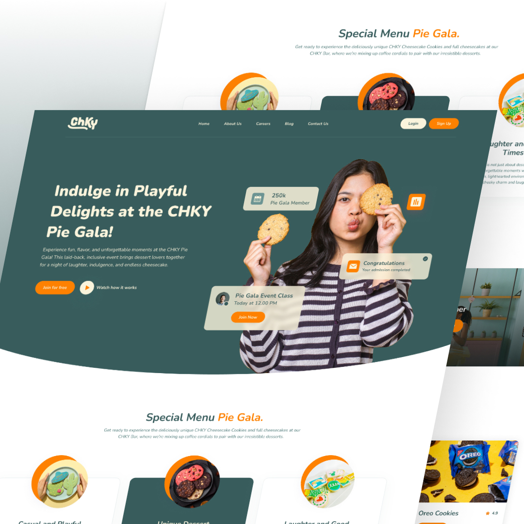 AI Startups 17 A website homepage with a green background showcases a person playfully holding cookies over their eyes. The text highlights the CHKY Pie Gala event, member benefits, and cookie options. Discover unlimited graphic design offers and special menu items displayed at the bottom.