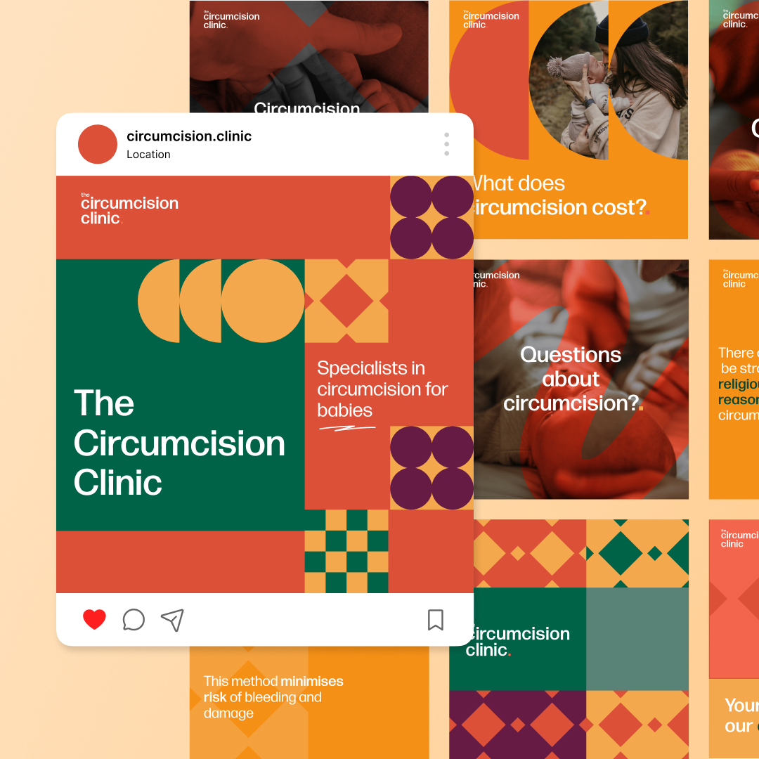 AI Startups 1 A vibrant collage promotes a circumcision clinic, featuring bold geometric patterns and text: The Circumcision Clinic and Specialists in circumcision for babies. With warm hues and questions about the procedure, its designed with unlimited graphic design creativity.
