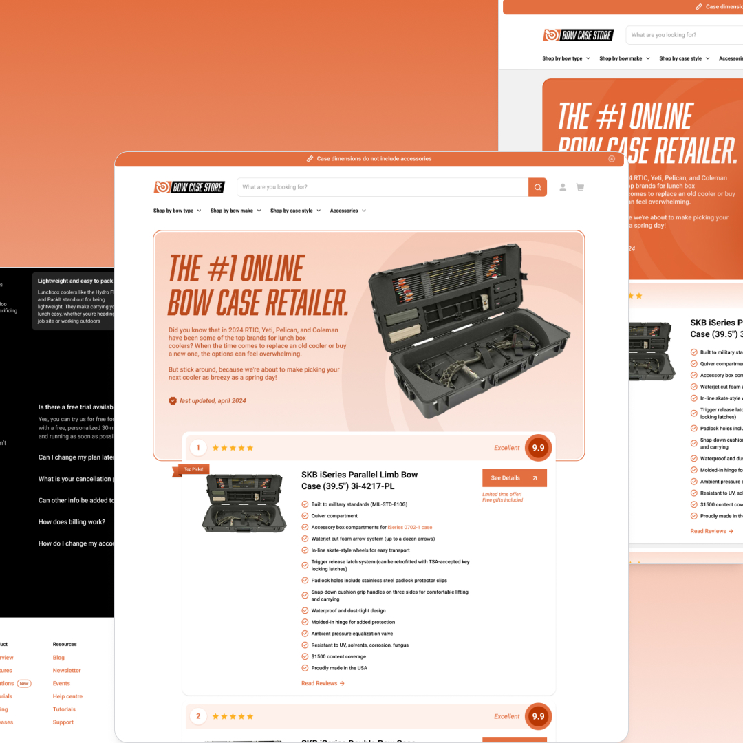 AI Startups 12 A webpage showcasing an online bow case retailer prominently features a header proclaiming The #1 Online Bow Case Retailer and includes an SKB Series Parallel-Limb Bow Case with image, price, ratings, and purchase button. Explore our design subscription for unlimited graphic design enhancements.