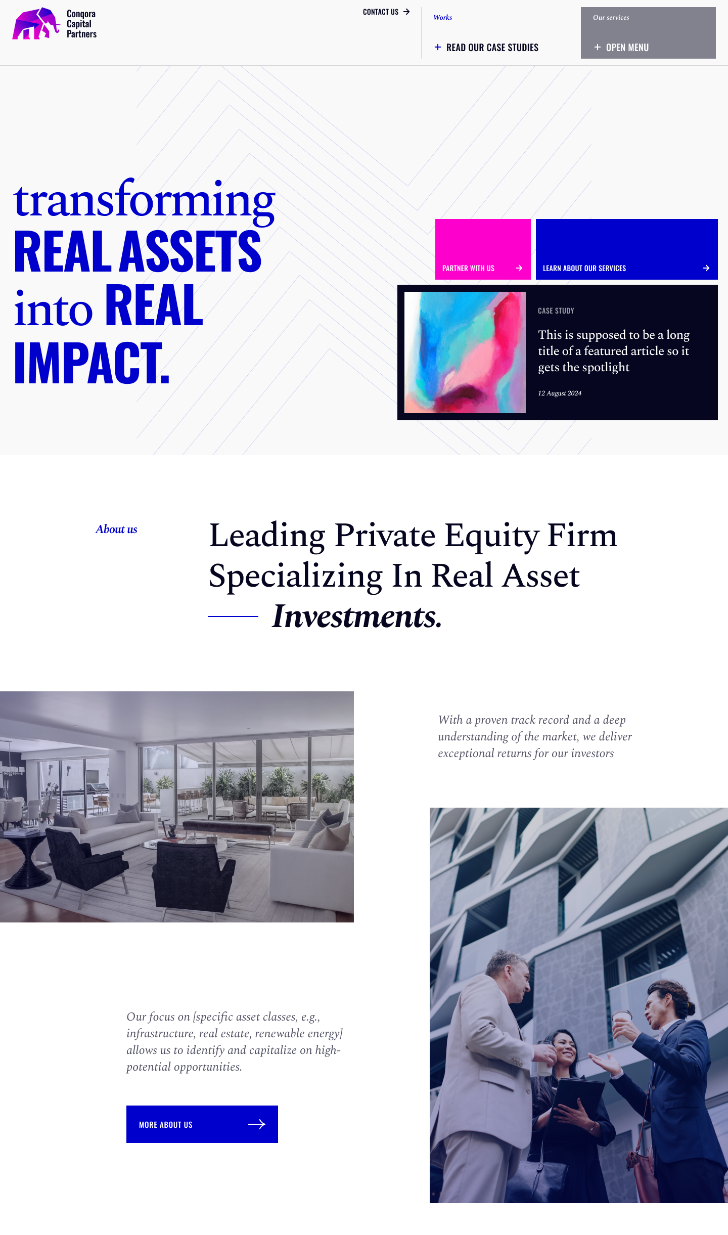 Website Design 5 Discover our private equity firm’s homepage, elegantly designed with a purple and white palette. Boldly stated, transforming real assets into real impact, it showcases our services and case studies. Experience the modern office vibe while exploring our design subscription offerings.