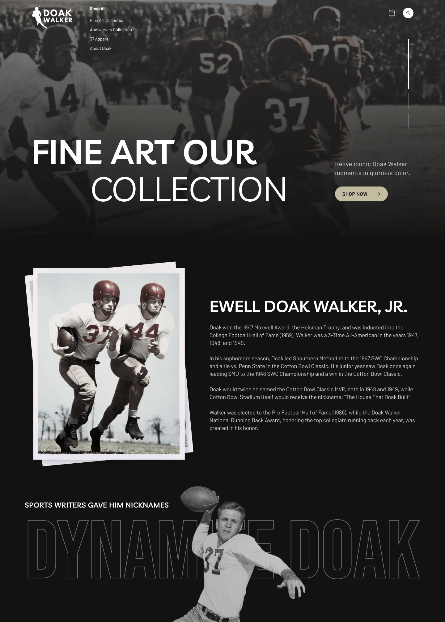 Website Design 1 A vintage-style webpage featuring images and text about Doak Walker, a notable football player, showcases unlimited graphic design finesse. With black-and-white photos of him in action and details on career highlights, the bold layout evokes nostalgia while celebrating his legacy.