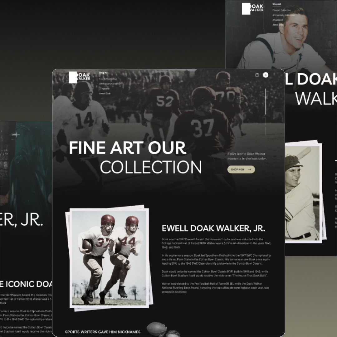 AI Startups 4 A digital display showcasing a collection of fine art centered around Ewell Doak Walker, Jr. features a blend of vintage football images and career text. Subscribers to our unlimited graphic design service can access exclusive sports designs and curated content.