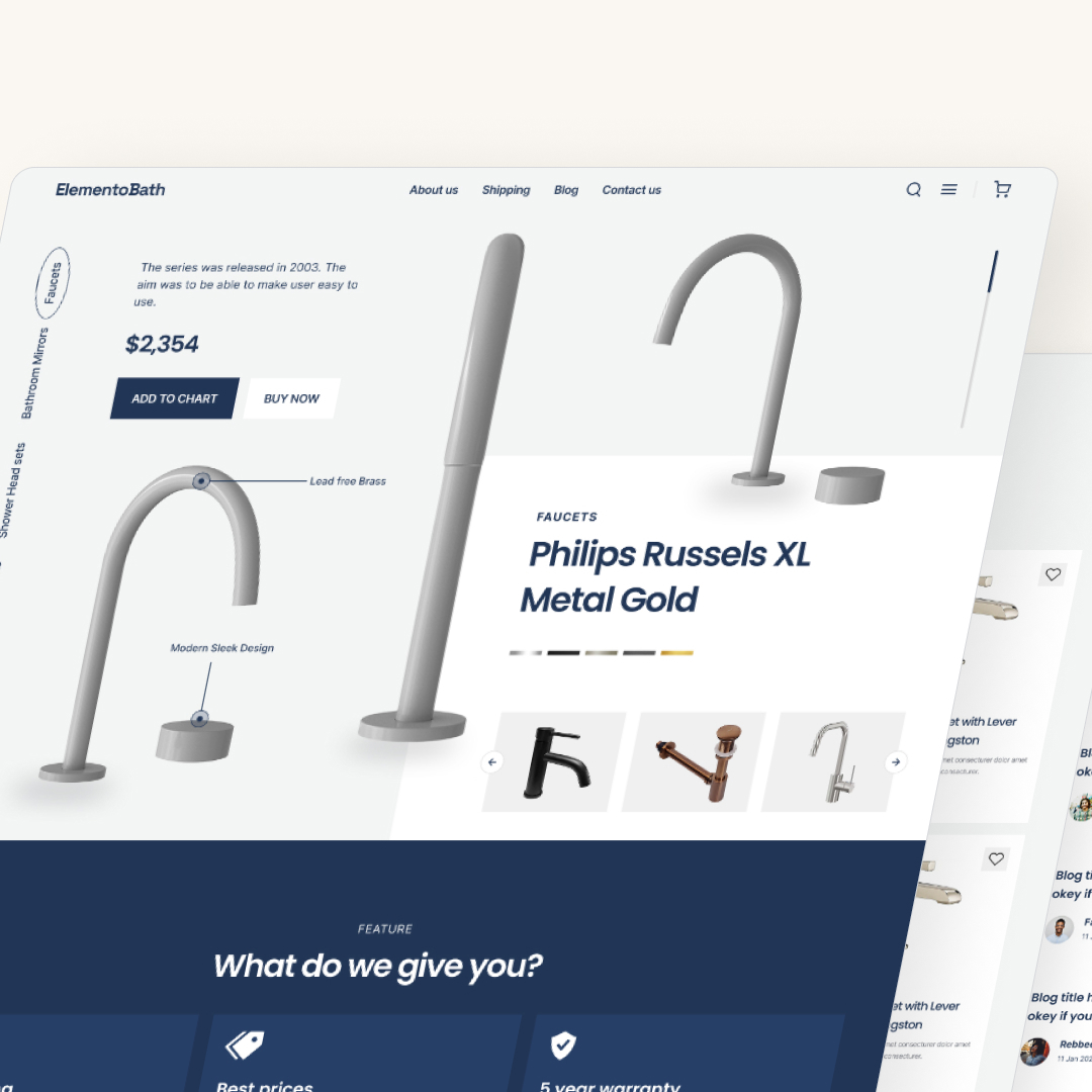 AI Startups 20 A website layout showcasing a modern faucet design, featuring the Philips Russels XL Metal Gold. Explore pricing, product details, and menu options for shipping, about us, and shop. Enjoy unlimited graphic design insights with our highlighted features.