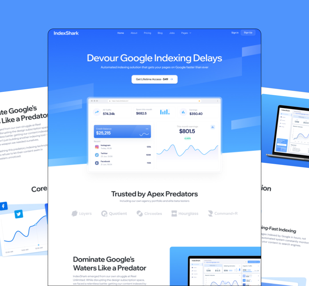 AI Startups 25 Screenshot of a webpage for IndexShark, featuring a blue gradient background. The main heading says Devour Google Indexing Delays. A graph and metrics are displayed, along with a call-to-action button offering lifetime access akin to an unlimited graphic design service.