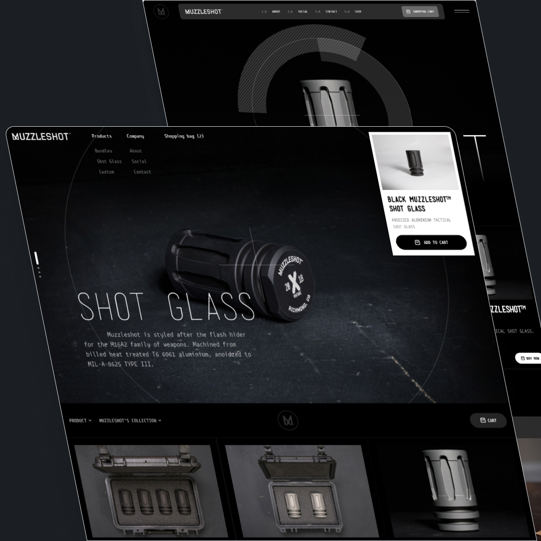 AI Startups 14 A website showcasing Muzzleshot shot glasses styled after flash hiders for the M16A2, featuring product images with a dark background and sleek design elements. Consider adding our design subscription service for unlimited graphic design updates to keep your collection fresh.