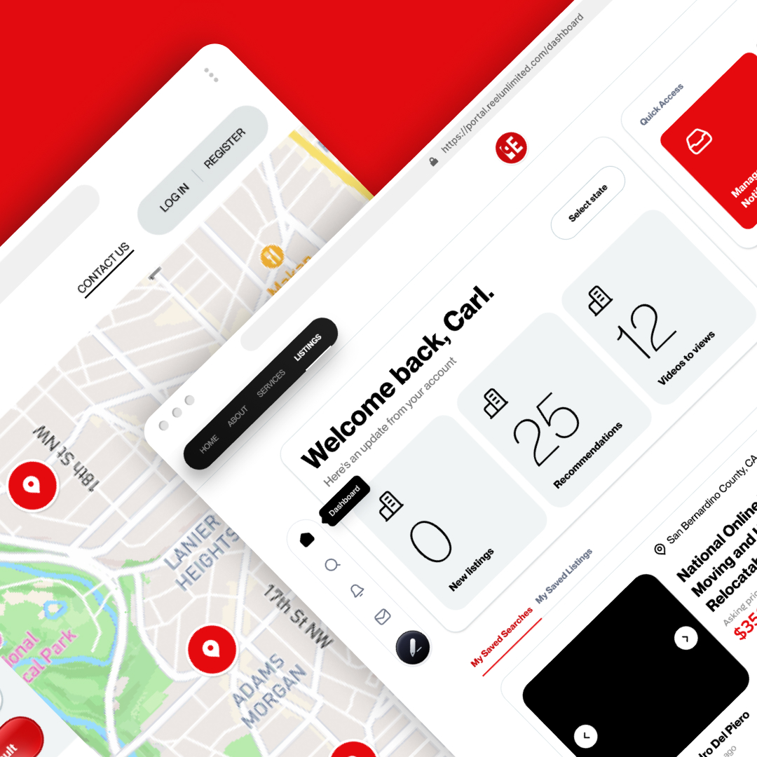 AI Startups 27 A split-screen image showcases a sleek web interface. The left side highlights a map peppered with red location markers, while the right side presents a welcome message alongside an analytics dashboard. Ideal for users with unlimited graphic design needs, it tracks new listings, recommendations, and views to date.