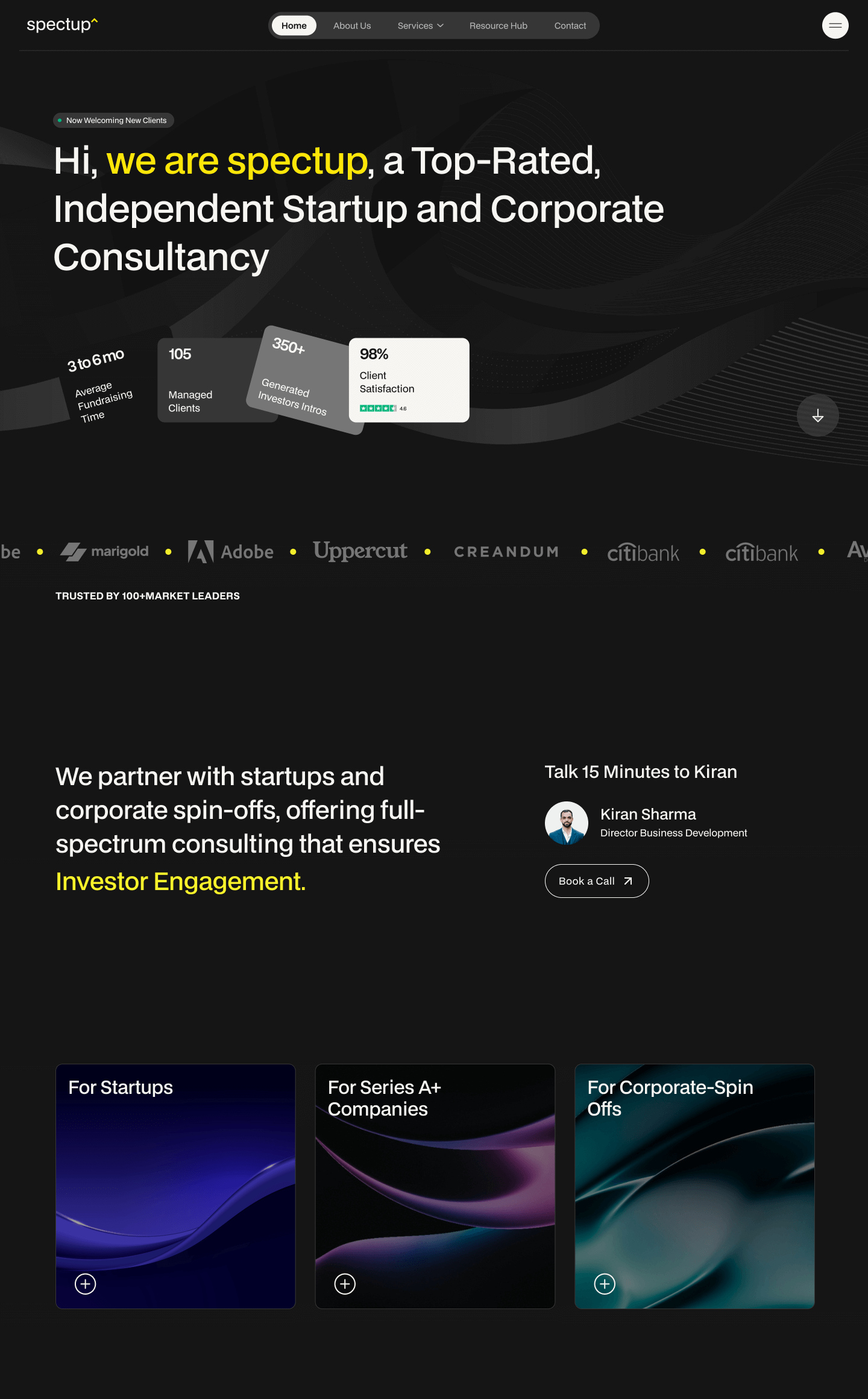 Website Design 3 A webpage for Spectup, highlighting their consultancy services and design subscription options. Includes service statistics, company logos, and sections for startups, series A+ companies, and corporate spin-offs. Features an option to book a call with consultant Kiran Sharma.