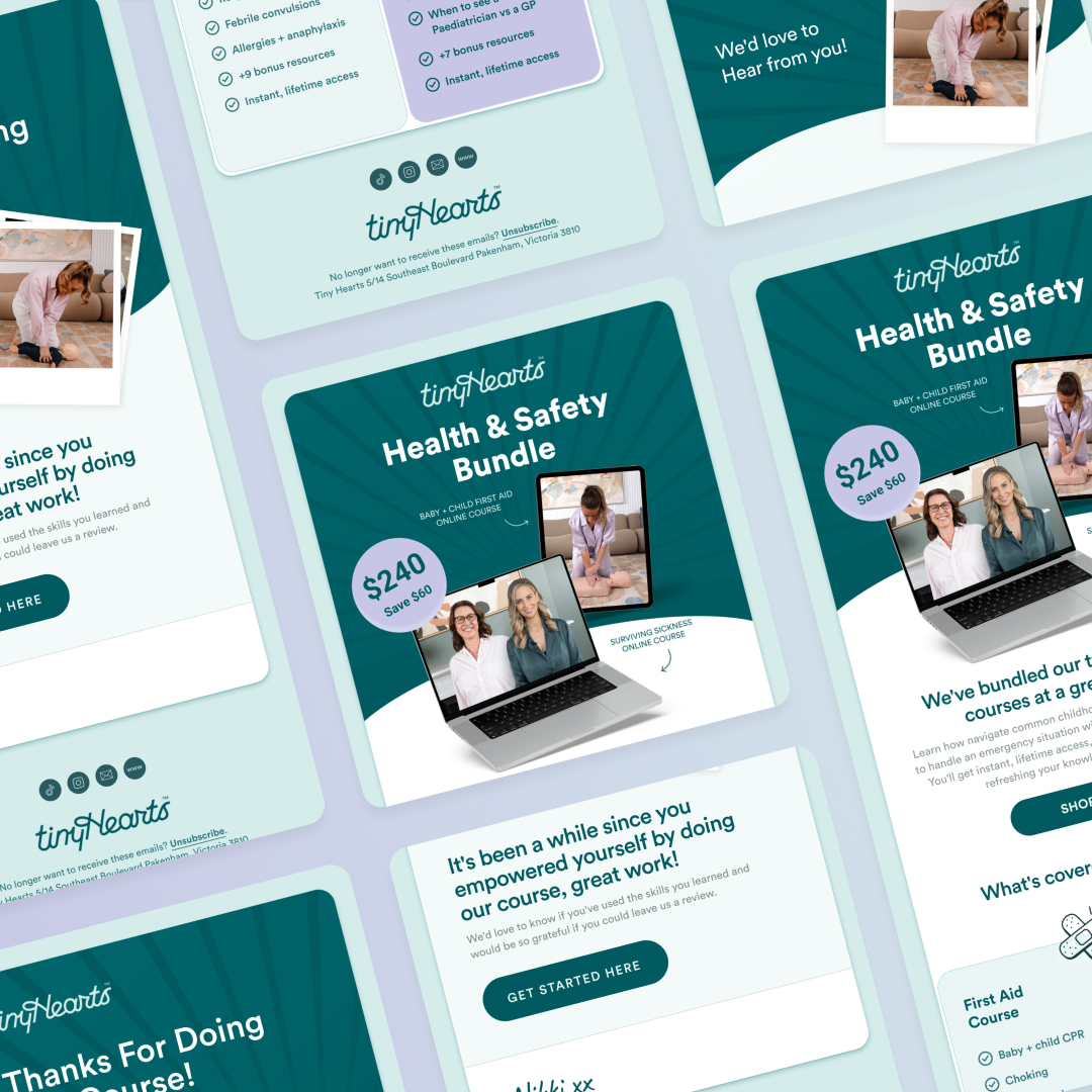AI Startups 10 A set of eight cards promotes the tinyHearts Health & Safety Bundle, highlighting its value with images of people and a laptop showcasing online courses. With teal backgrounds and bold text, its an offer as flexible as an unlimited graphic design subscription.