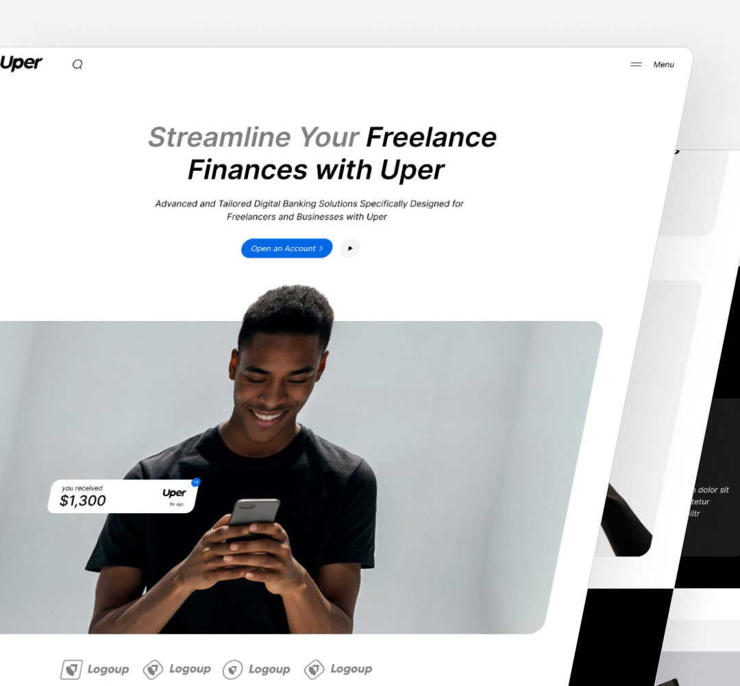 AI Startups 18 A website interface for Uper, promoting financial services for freelancers. It features a smiling person holding a phone, with text about streamlining freelance finances with unlimited graphic design support. Shows a bank balance notification of $1,300.