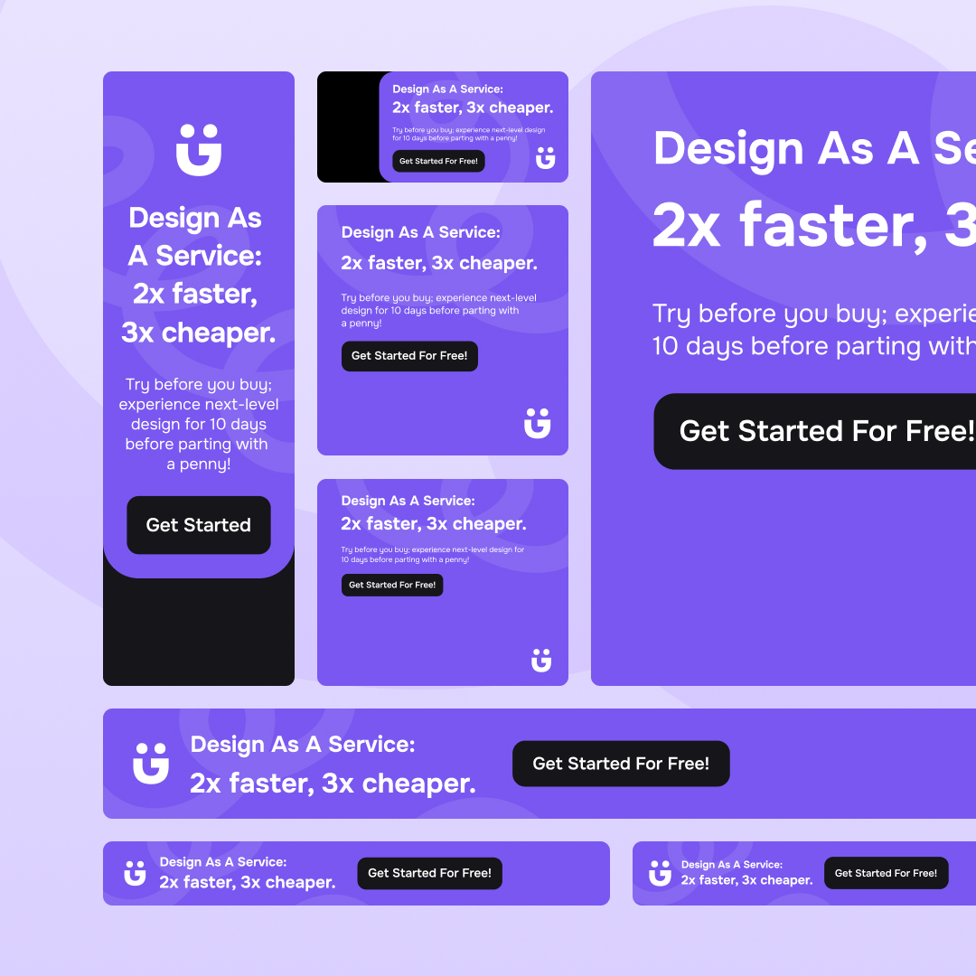 AI Startups 5 Various purple and blue buttons and banners showcase our service with the slogan, Design As A Service: 2x faster, 3x cheaper. Prompts like Get Started emphasize our unlimited graphic design subscription. Explore logos and a smiley face icon to get started for free today!.