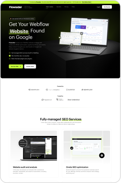 Website Design 7 A webpage from Flowsider showcasing SEO services for Webflow websites. It features graphics of a laptop with analytics, logos of SEO tools like SEMRUSH, and sections highlighting services such as website audits and onsite SEO optimization, all complemented by unlimited graphic design support.