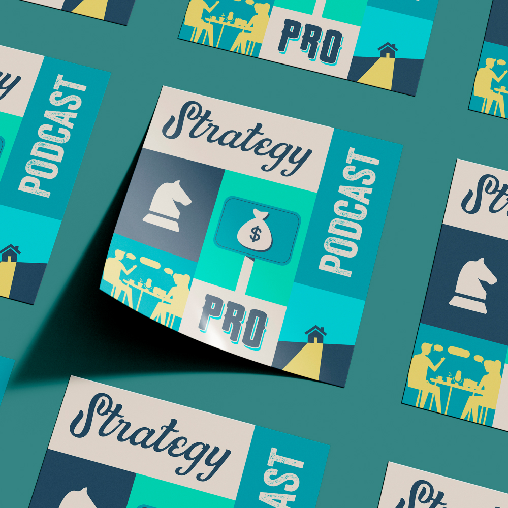 AI Startups 2 Blue and teal patterned image showcasing Strategy, Podcast, and Pro. With chess pieces and a money bag, it hints at planning and finance. Perfect for those seeking expertise through unlimited graphic design services or a design subscription.